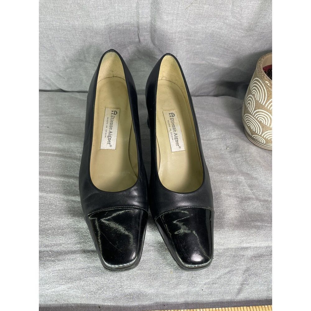 Vtg Etienne Aigner Black Matte Patent Leather 2.5" Heels Pumps 9M Spain